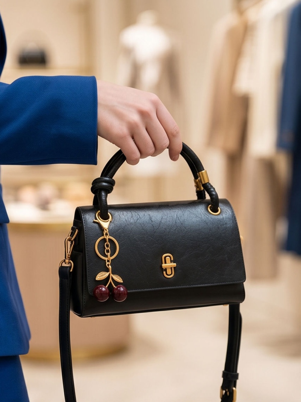 Black Medium Crossbody & Handheld Bag with Gold Cherry Charm - Picture 3 of 6